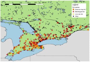 map of tick species found in Ontario